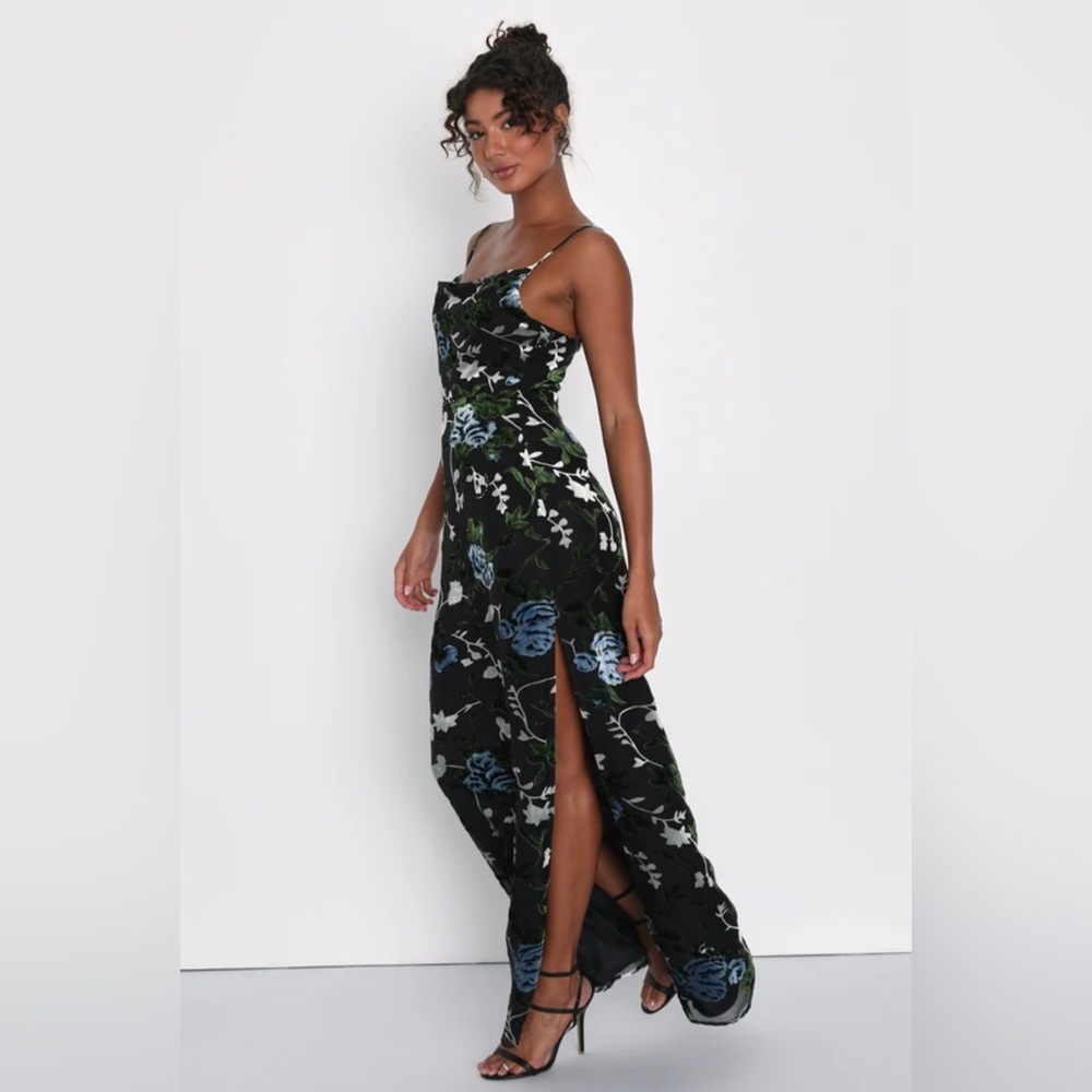SOLD! LULU’S Chic Romantic Black Burnout Velvet Floral Cowl Neck Dress